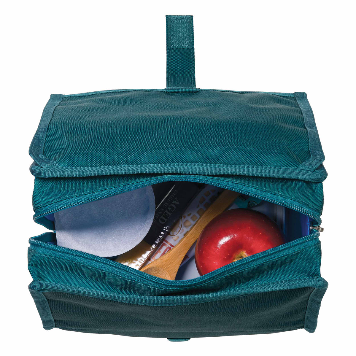 freezable-lunch-bag-z4 freezable-lunch-bag-deep-teal-top-view-packed.jpg