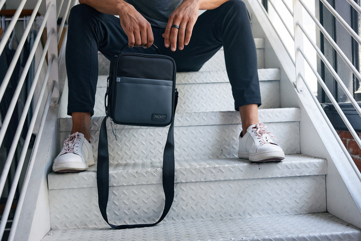 freezable-upright-lunch-box-z6 freezable-upright-lunch-box-black-gray-lifestyle-model-bag-only.jpg